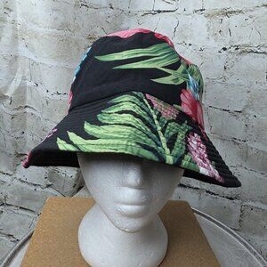 Womens Bright Hawaiian Floral Black Reversible Bucket Hat  One Size